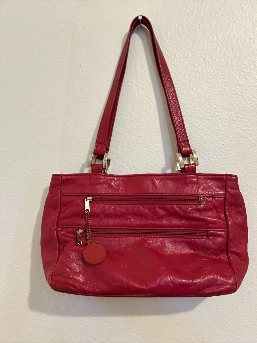 SAS Red Leather Shoulder Bag with Front Zip Pockets